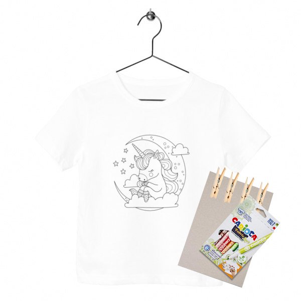 Kit créatif enfant Teepi Kids Ludo licorne – T-shirt à colorier 100 % coton bio avec feutres textiles