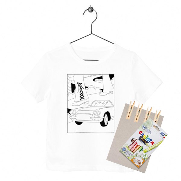 Kit créatif enfant Teepi Kids Groovy car– T-shirt à colorier 100 % coton bio avec feutres textiles