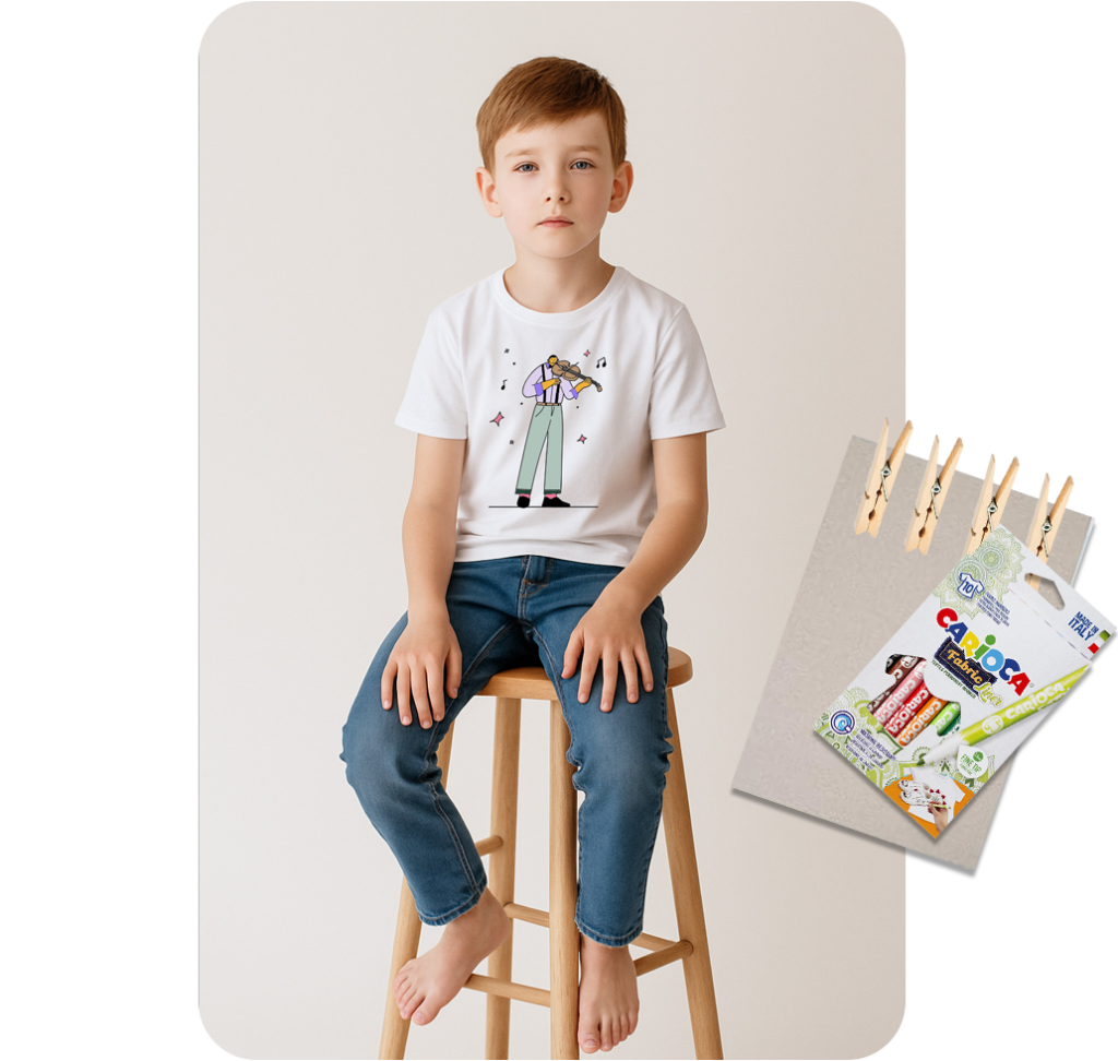 Enfant portant un t-shirt à colorier Teepi avec le kit créatif et les feutres.