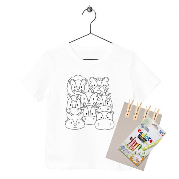 Kit créatif enfant Teepi Kids fauna zoo – T-shirt à colorier 100 % coton bio avec feutres textiles