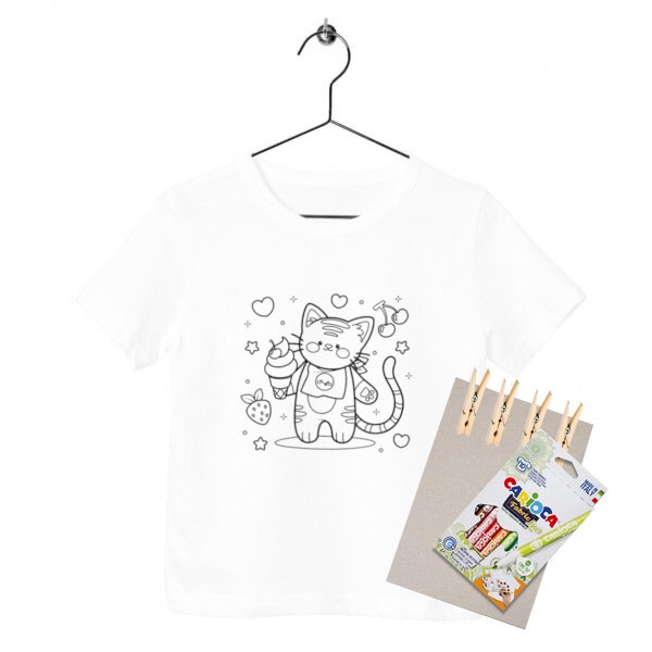 Kit créatif enfant Teepi Kids Ludo chat – T-shirt à colorier 100 % coton bio avec feutres textiles
